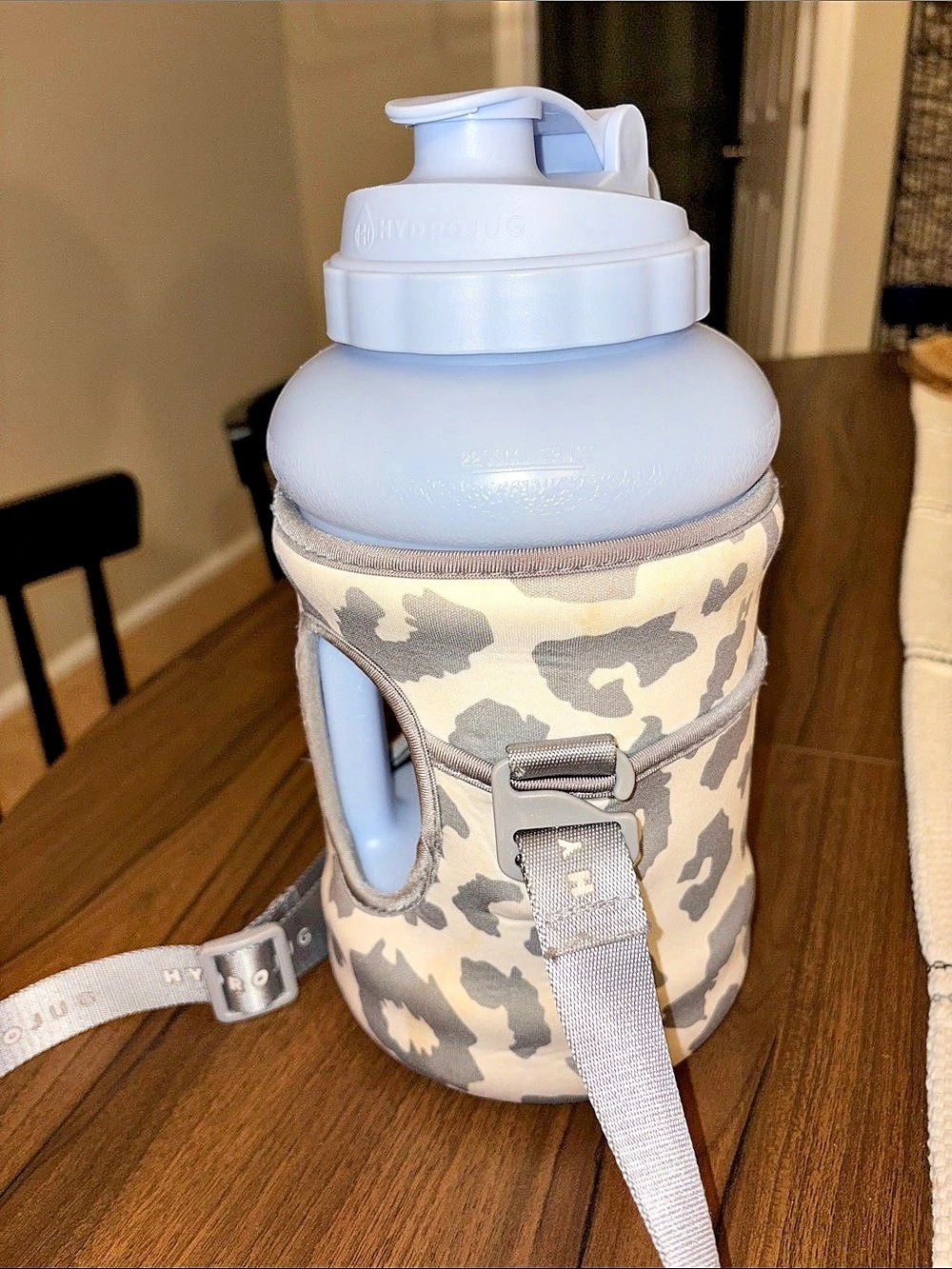 HydroJug light blue with Gray and white leopard Water Bottle with Sleeve
